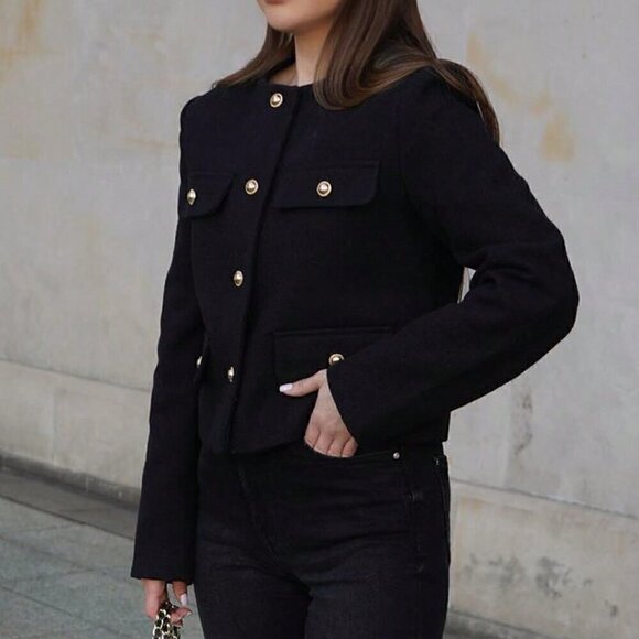 Black Elegant Women's Casual Tweed Jacket Decorated Long Sleeve Coat - Picture 2 of 8